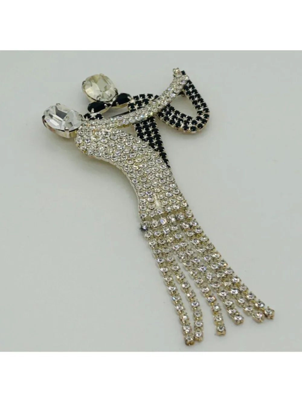 Art Deco Style Ballroom Dancers Rhinestone Brooch Fringe Pin Vintage Statement